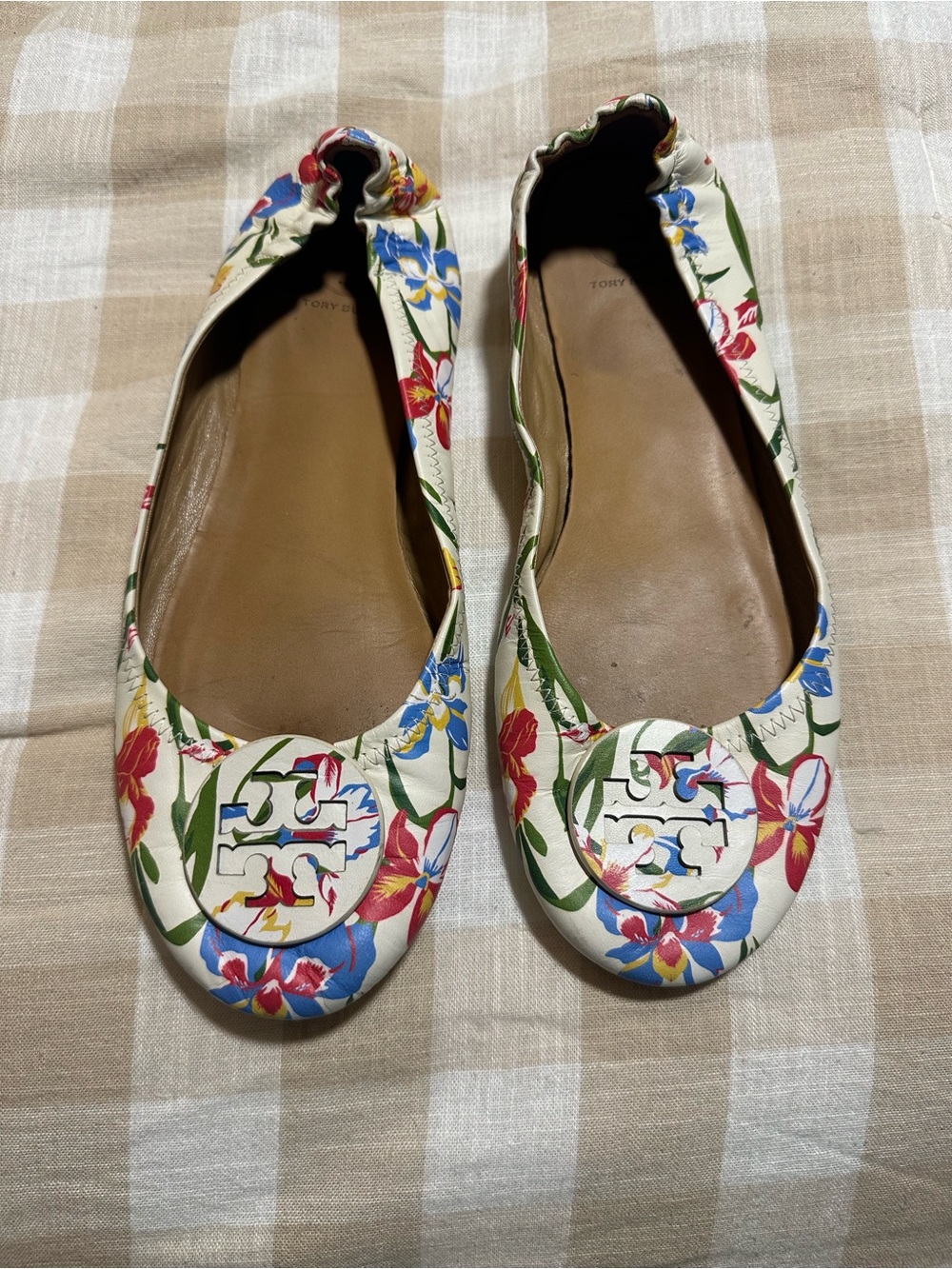 Tory Burch White Floral Logo Ballet Flats